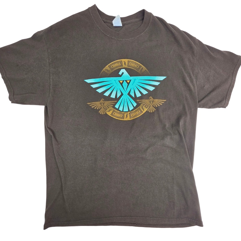 Gildan Mens Brown Thunderbird Graphic T-Shirt Large Turquoise Gold Geometric Tee